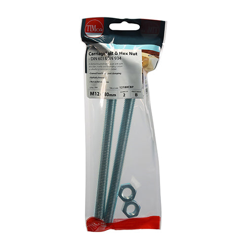 TIMCO Carriage Bolts DIN603 & Hex Full Nut DIN934 Silver - M12 x 180 - Image