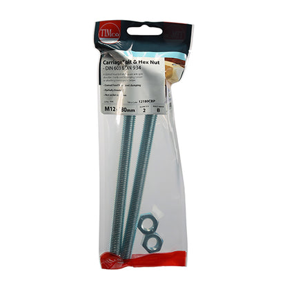 TIMCO Carriage Bolts DIN603 & Hex Full Nut DIN934 Silver - M12 x 180 - Image