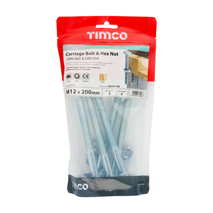 TIMCO Carriage Bolts DIN603 & Hex Full Nut DIN934 Silver - M12 x 200 - Image