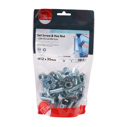 TIMCO Set Screws DIN933 Grade 8.8 & Hex Nut DIN934 Silver - M12 x 35 - Image