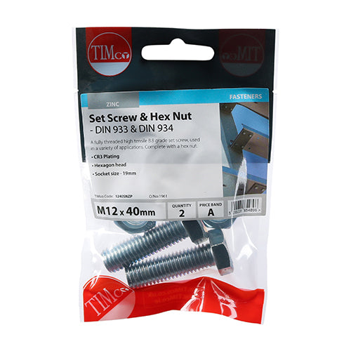 TIMCO Set Screws DIN933 Grade 8.8 & Hex Nut DIN934 Silver - M12 x 40 - Image
