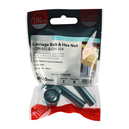 TIMCO Carriage Bolts DIN603 & Hex Full Nut DIN934 Silver - M12 x 50 - Image