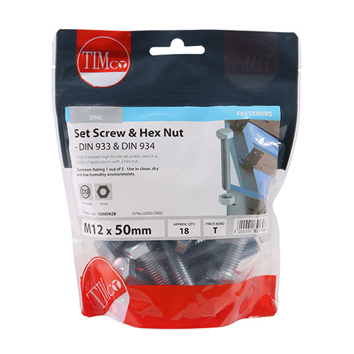 TIMCO Set Screws DIN933 Grade 8.8 & Hex Nut DIN934 Silver - M12 x 50 - Image