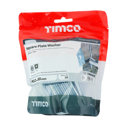 TIMCO Square Plate Washers Silver - M12 x 50 x 50 x 3 - Image