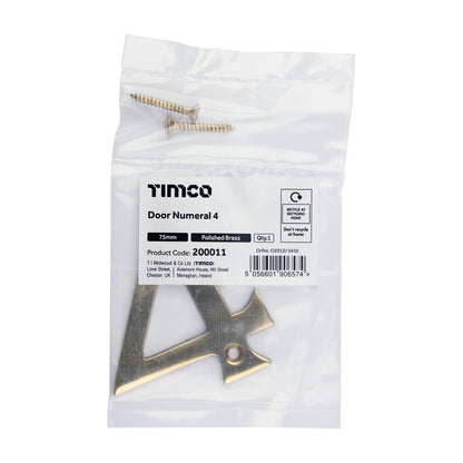 TIMCO Door Numeral 4 - Polished Brass - 75mm - Image