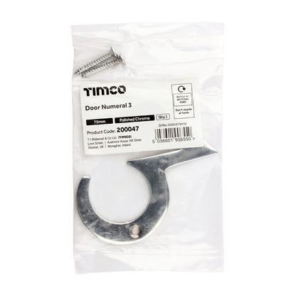 TIMCO Door Numeral 3 - Polished Chrome - 75mm - Image