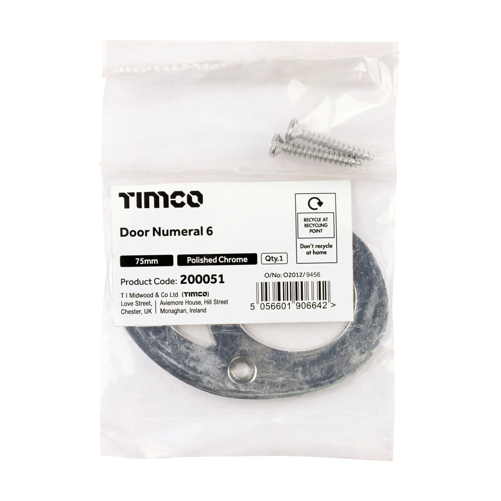 TIMCO Door Numeral 6 - Polished Chrome - 75mm - Image