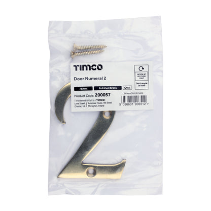 TIMCO Door Numeral 2 - Polished Brass - 76mm - Image