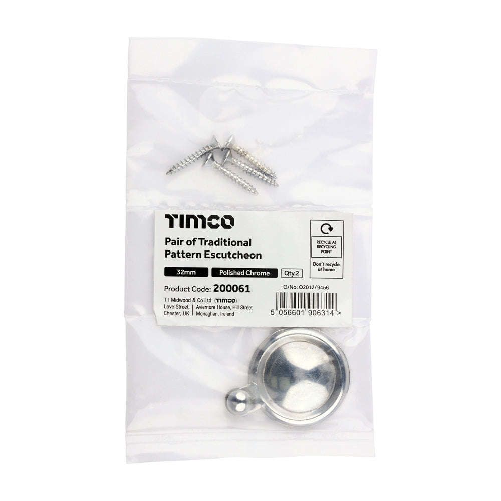 TIMCO Pair of Traditional Pattern Escutcheon - Polished Chrome - 32mm - Image