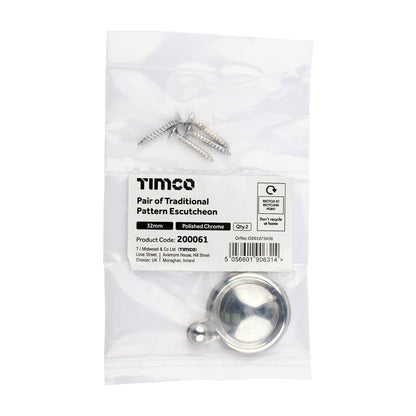 TIMCO Pair of Traditional Pattern Escutcheon - Polished Chrome - 32mm - Image