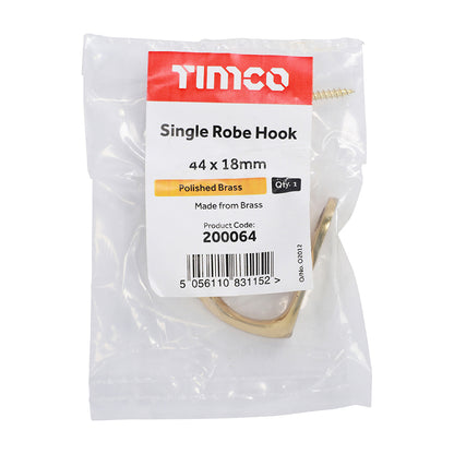 TIMCO Single Robe Hook Polished Brass - 44 x 18mm - Image