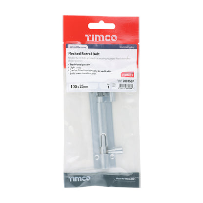 TIMCO Necked Barrel Bolt Satin Chrome - 100 x 25mm - Image