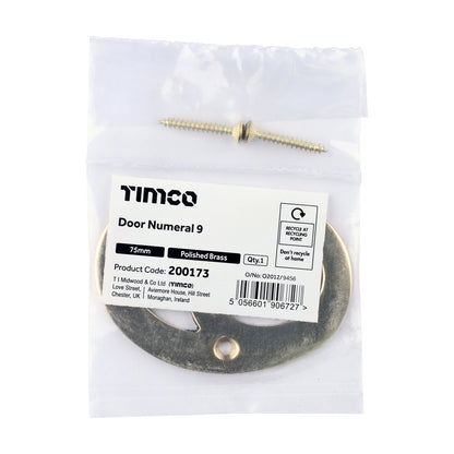 TIMCO Door Numeral 9 - Polished Brass - 75mm - Image