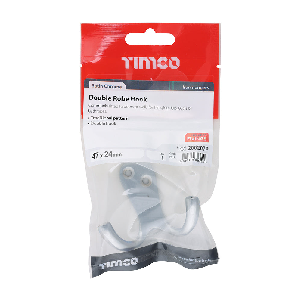 TIMCO Double Robe Hook Satin Chrome - 47 x 24mm - Image