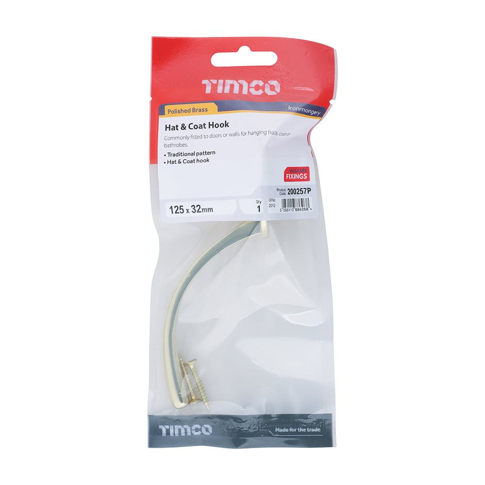 TIMCO Hat & Coat Hook Polished Brass - 125 x 32mm - Image