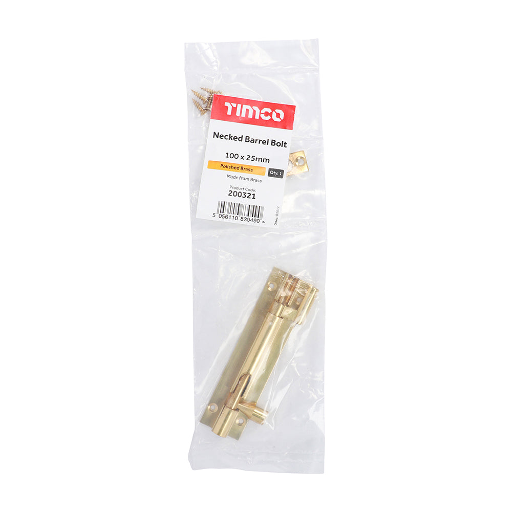 TIMCO Necked Barrel Bolt Polished Brass - 100 x 25mm - Image
