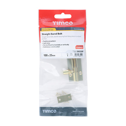 TIMCO Straight Barrel Bolt Polished Brass - 100 x 25mm - Image