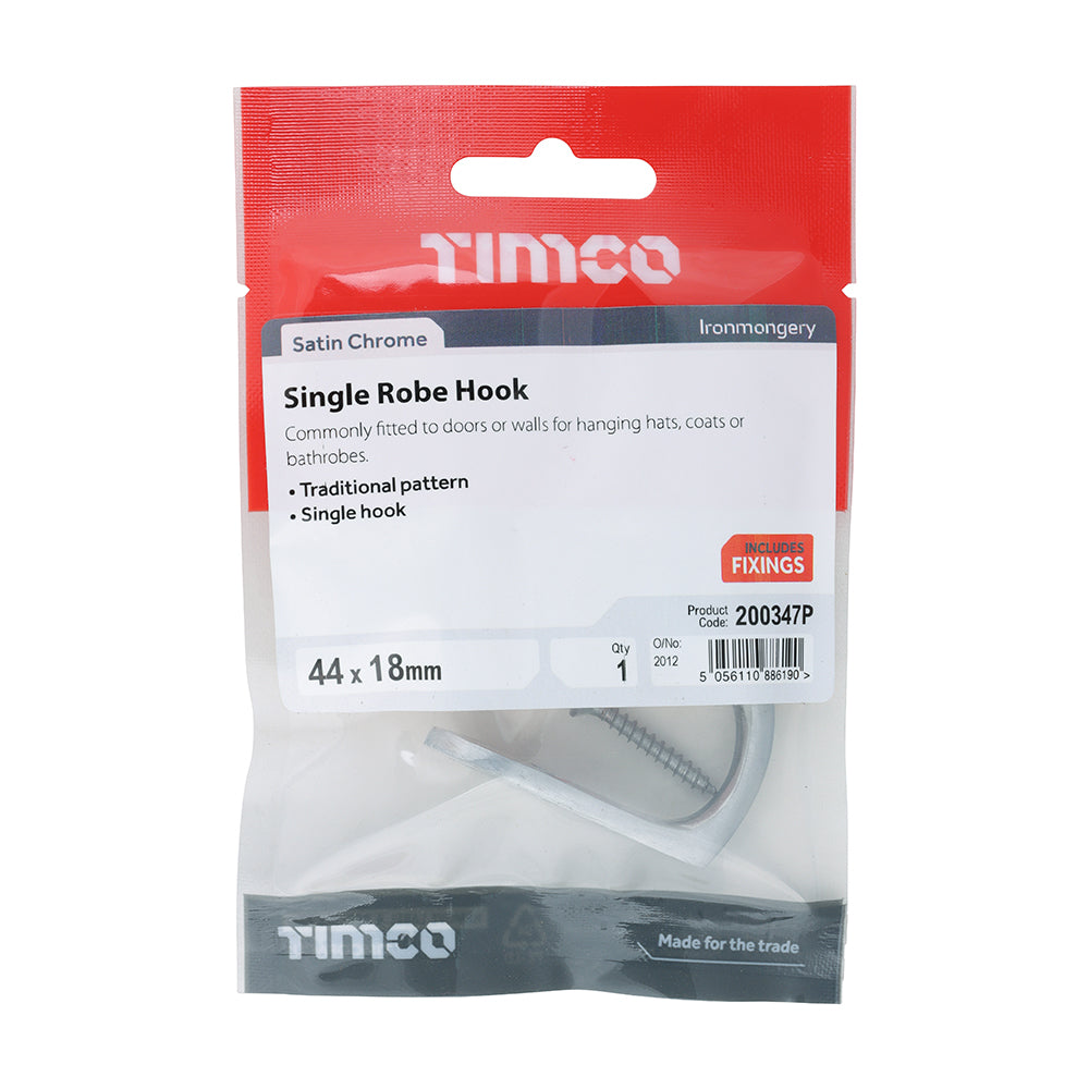 TIMCO Single Robe Hook Satin Chrome - 44 x 18mm - Image