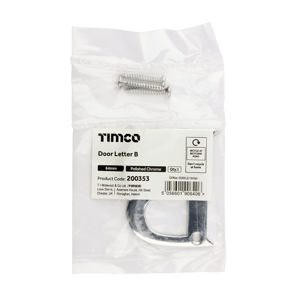 TIMCO Door Letter B - Polished Chrome - 64mm - Image