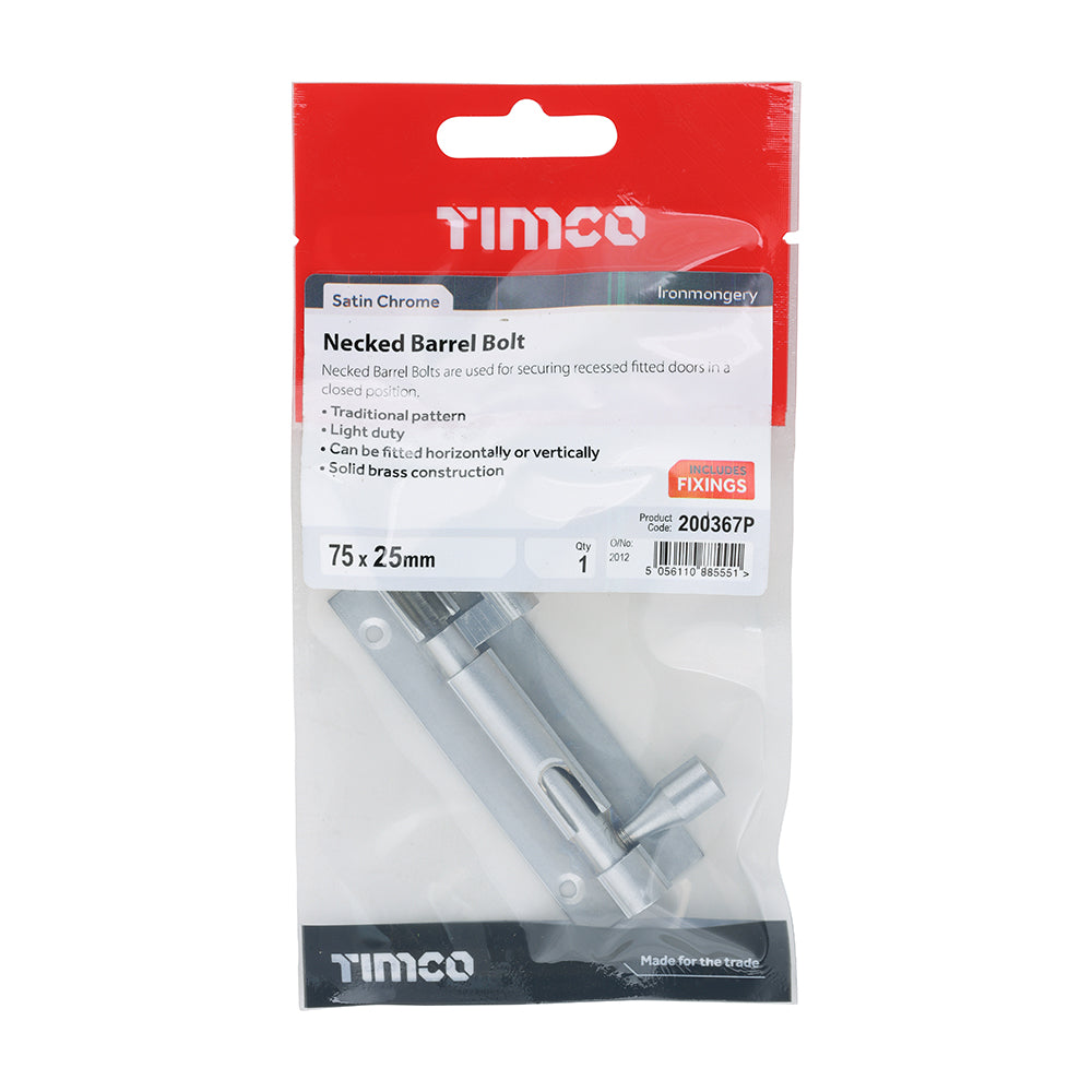 TIMCO Necked Barrel Bolt Satin Chrome - 75 x 25mm - Image