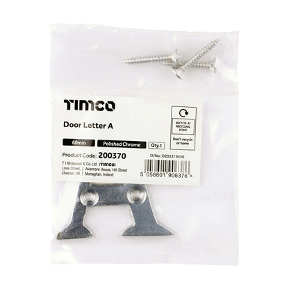 TIMCO Door Letter A - Polished Chrome - 60mm - Image
