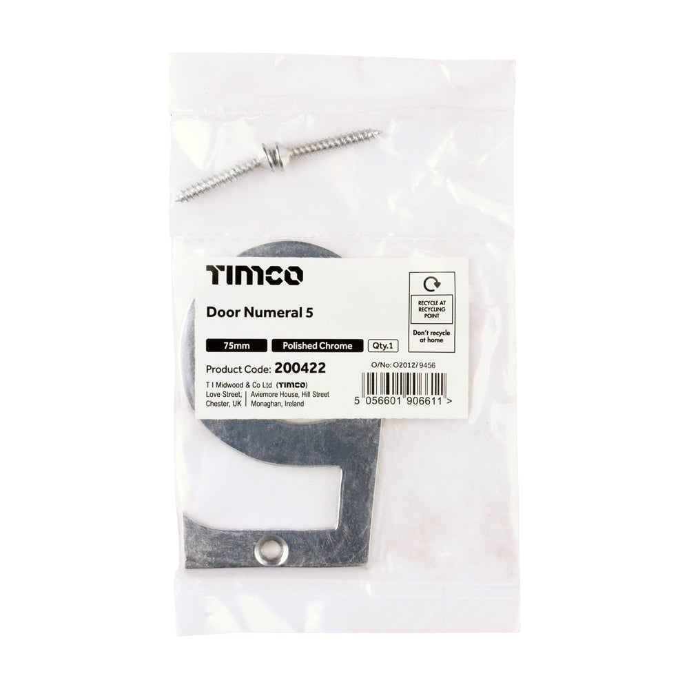 TIMCO Door Numeral 5 - Polished Chrome - 75mm - Image
