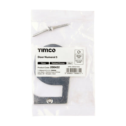 TIMCO Door Numeral 5 - Polished Chrome - 75mm - Image