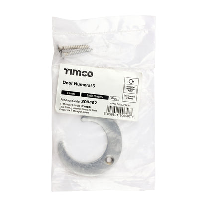 TIMCO Door Numeral 3 - Satin Chrome - 75mm - Image
