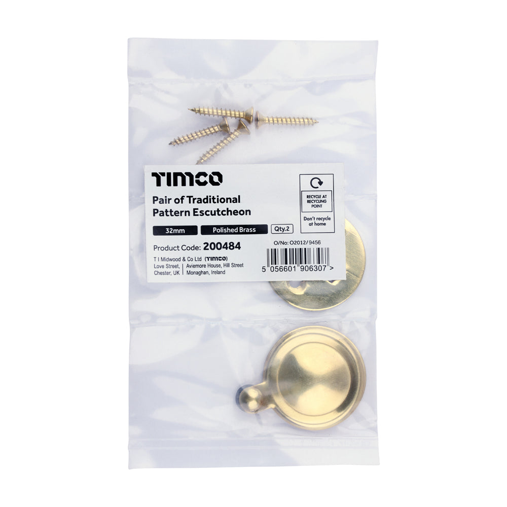 TIMCO Pair of Traditional Pattern Escutcheon - Polished Brass - 32mm - Image