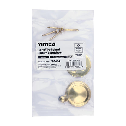 TIMCO Pair of Traditional Pattern Escutcheon - Polished Brass - 32mm - Image