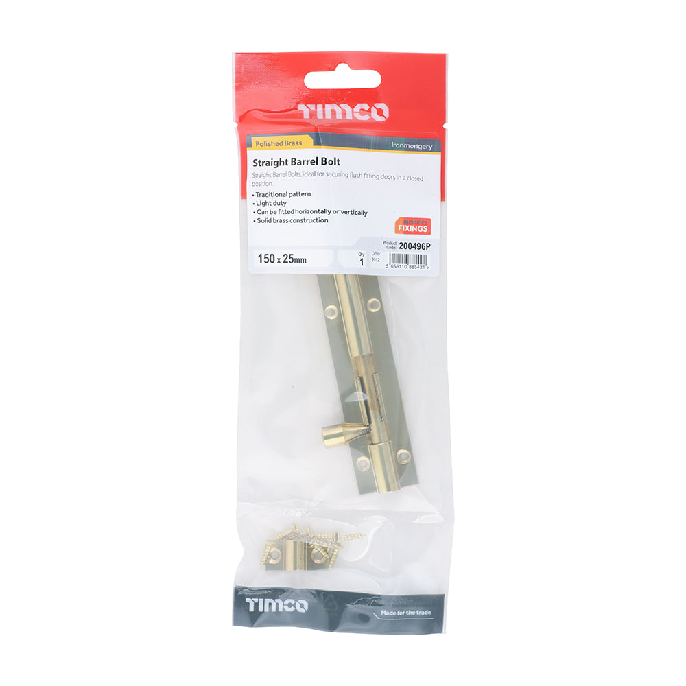 TIMCO Straight Barrel Bolt Polished Brass - 150 x 25mm - Image