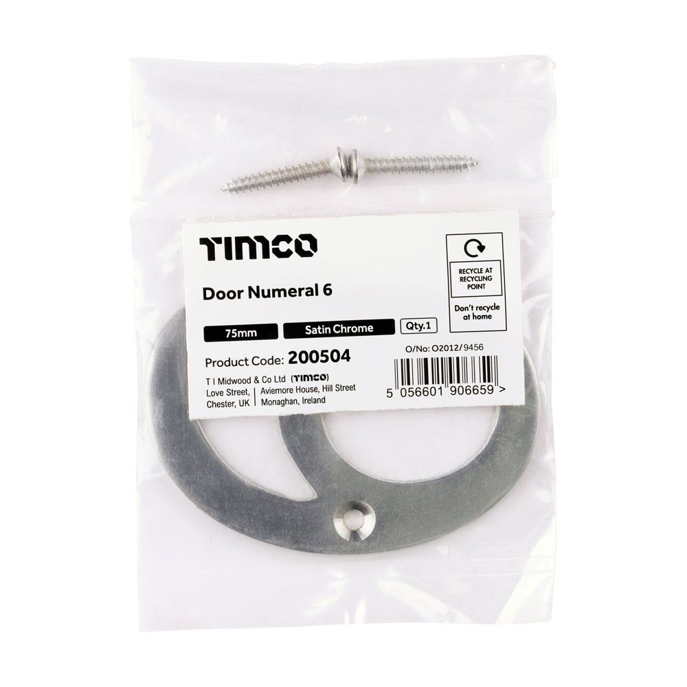 TIMCO Door Numeral 6 - Satin Chrome - 75mm - Image