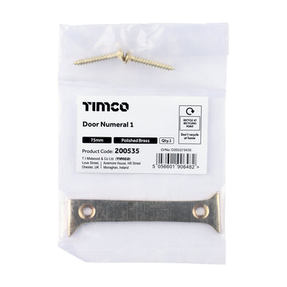 TIMCO Door Numeral 1 - Polished Brass - 75mm - Image