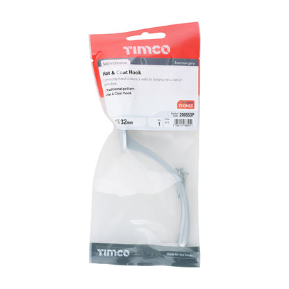 TIMCO Hat & Coat Hook Satin Chrome - 125 x 32mm - Image