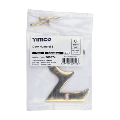 TIMCO Door Numeral 3 - Polished Brass - 75mm - Image