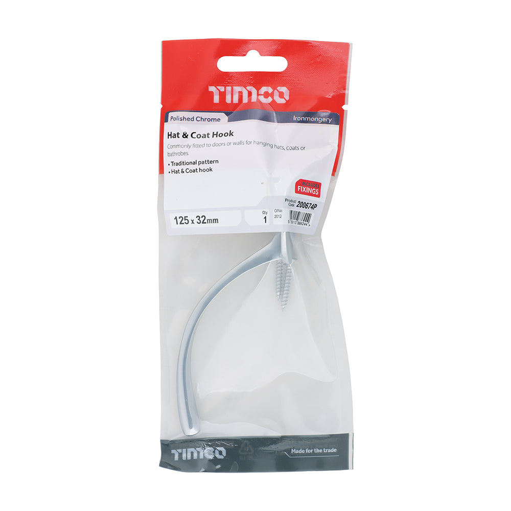 TIMCO Hat & Coat Hook Polished Chrome - 125 x 32mm - Image