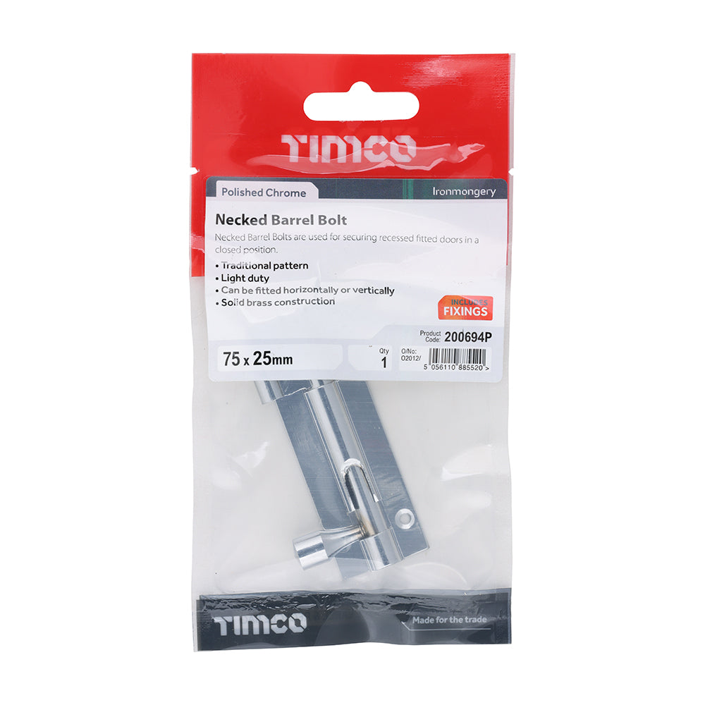 TIMCO Necked Barrel Bolt Polished Chrome - 75 x 25mm - Image