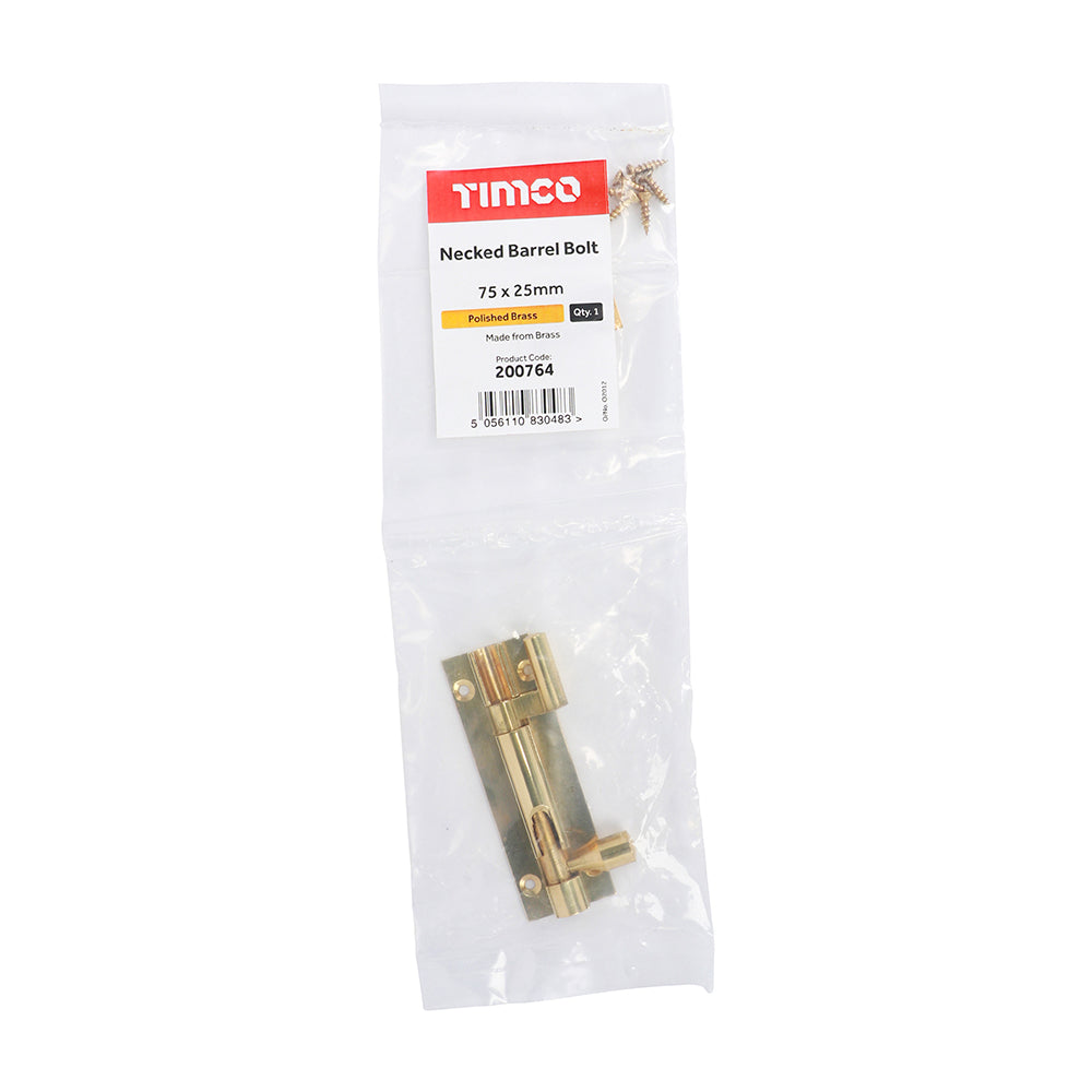 TIMCO Necked Barrel Bolt Polished Brass - 75 x 25mm - Image