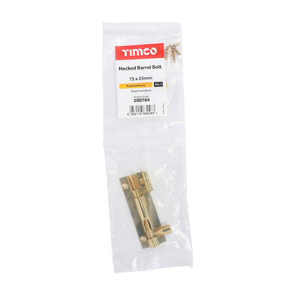 TIMCO Necked Barrel Bolt Polished Brass - 75 x 25mm - Image