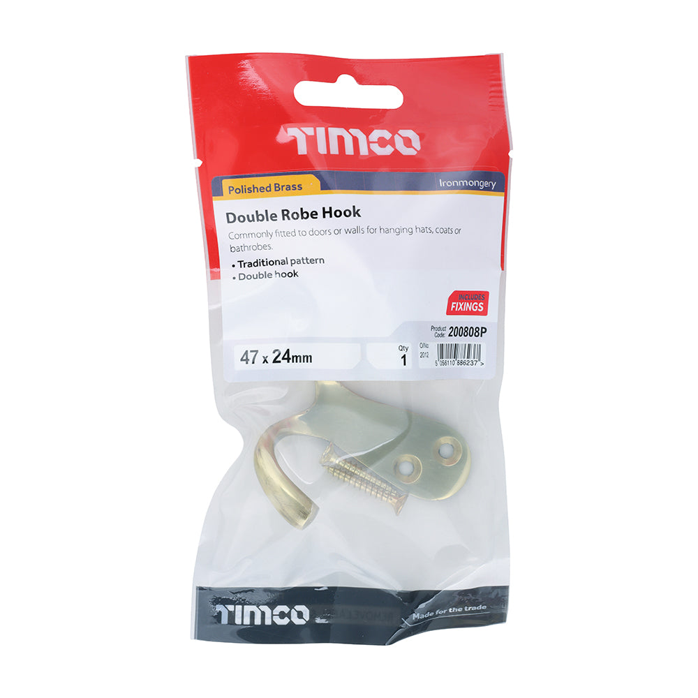 TIMCO Double Robe Hook Polished Brass - 47 x 24mm - Image
