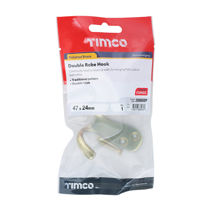 TIMCO Double Robe Hook Polished Brass - 47 x 24mm - Image