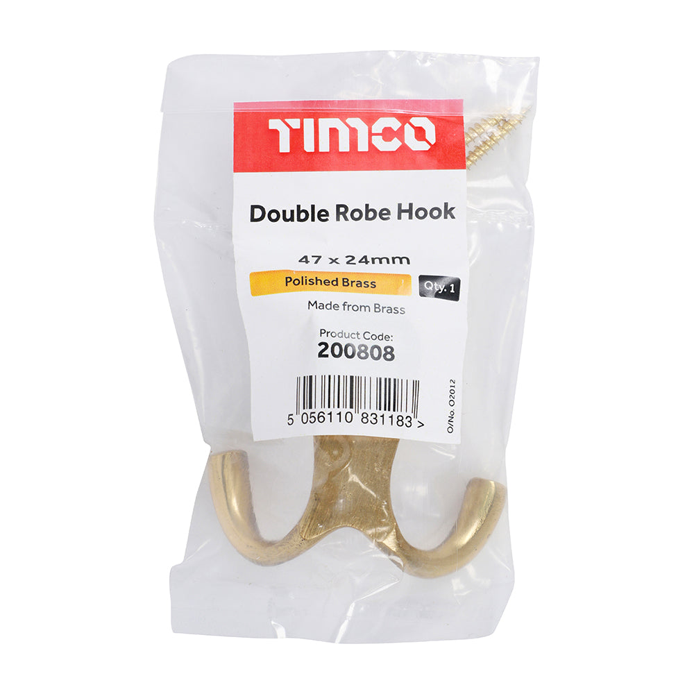 TIMCO Double Robe Hook Polished Brass - 47 x 24mm - Image