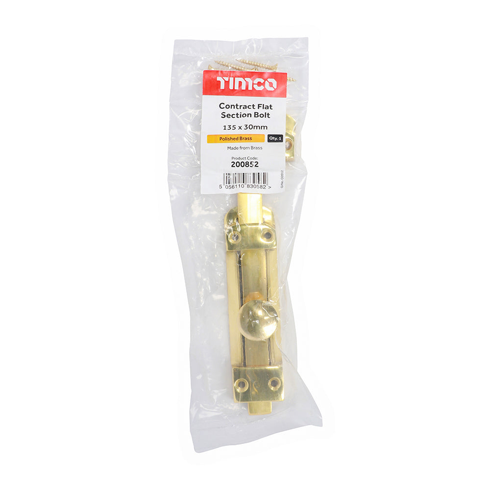 TIMCO Contract Flat Section Bolt Polished Brass - 135 x 30mm - Image