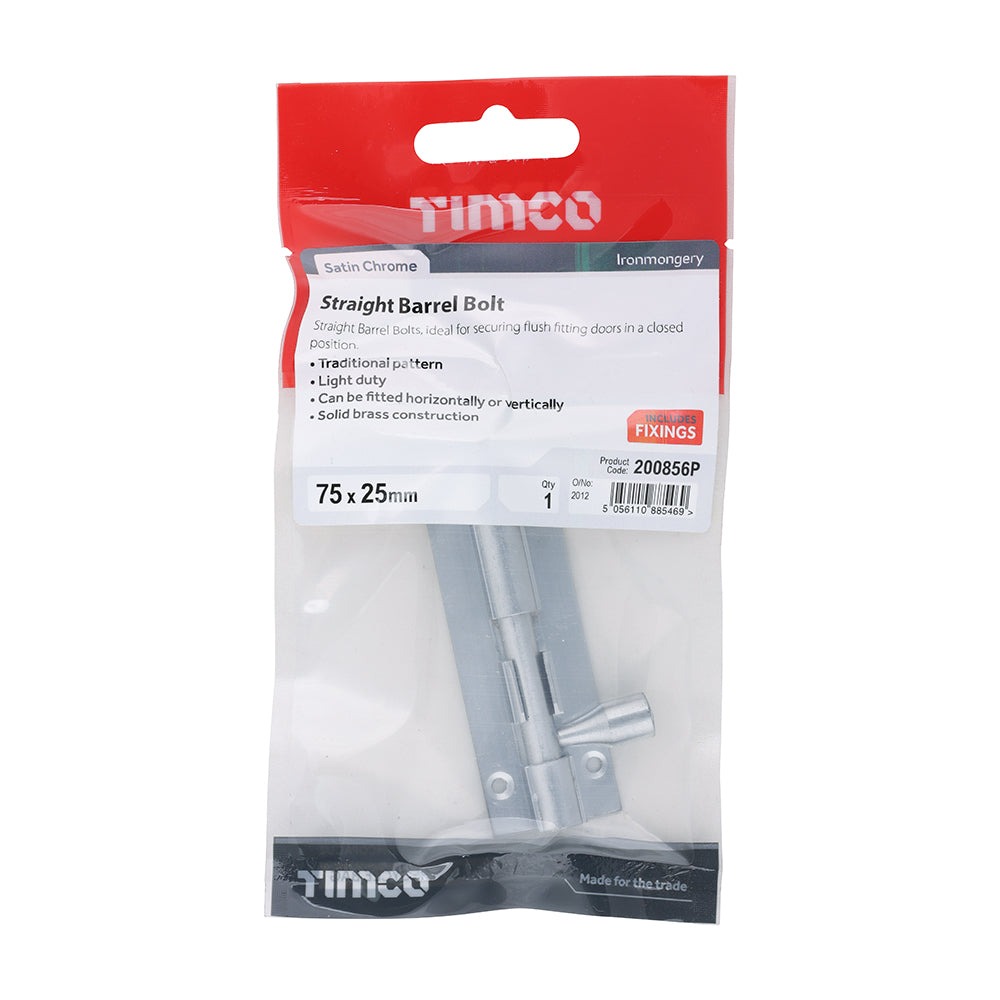 TIMCO Straight Barrel Bolt Satin Chrome - 75 x 25mm - Image