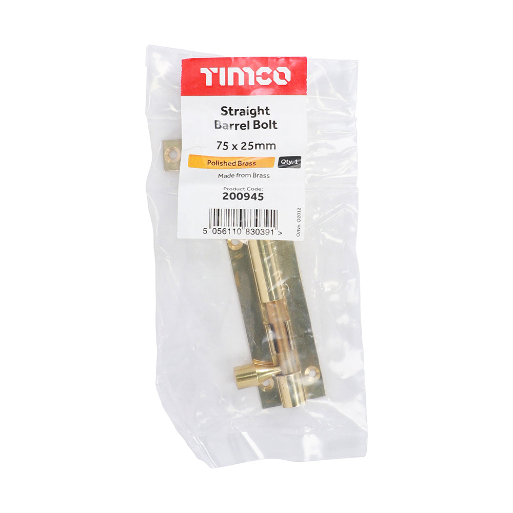 TIMCO Straight Barrel Bolt Polished Brass - 75 x 25mm - Image