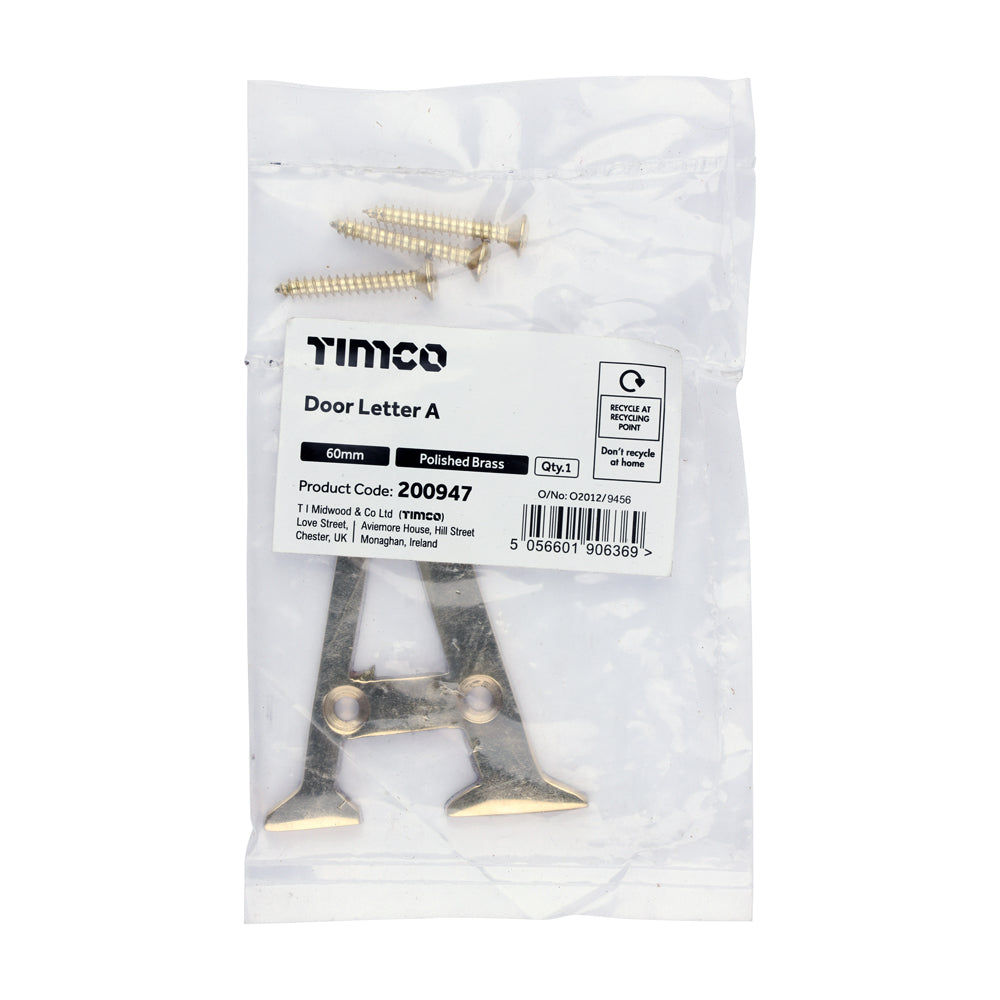 TIMCO Door Letter A - Polished Brass - 60mm - Image