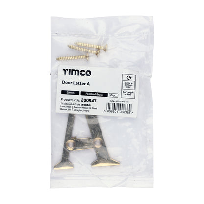 TIMCO Door Letter A - Polished Brass - 60mm - Image