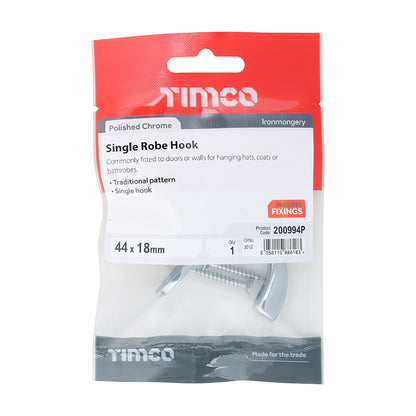 TIMCO Single Robe Hook Polished Chrome - 44 x 18mm - Image