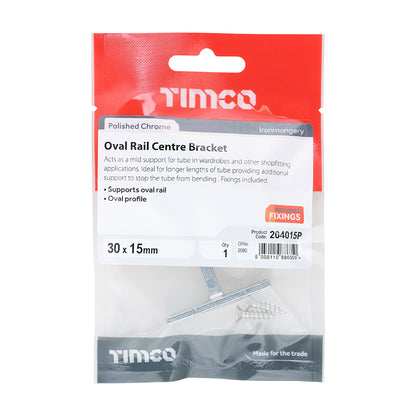 TIMCO Centre Bracket For Oval Tube Polished Chrome - 30 x 15 - Image
