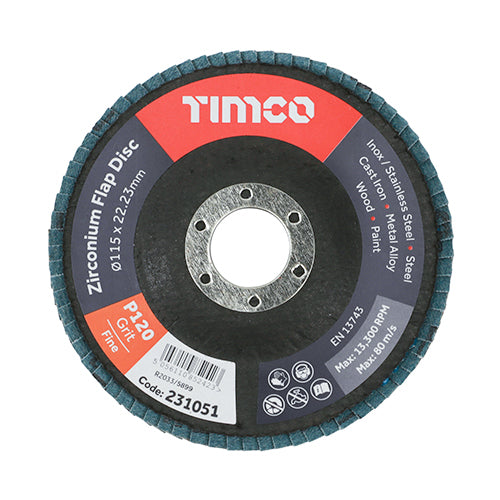 TIMCO Flap Disc Zirconium Type 29 Conical P120 Grit - 115 x 22.23 - Image